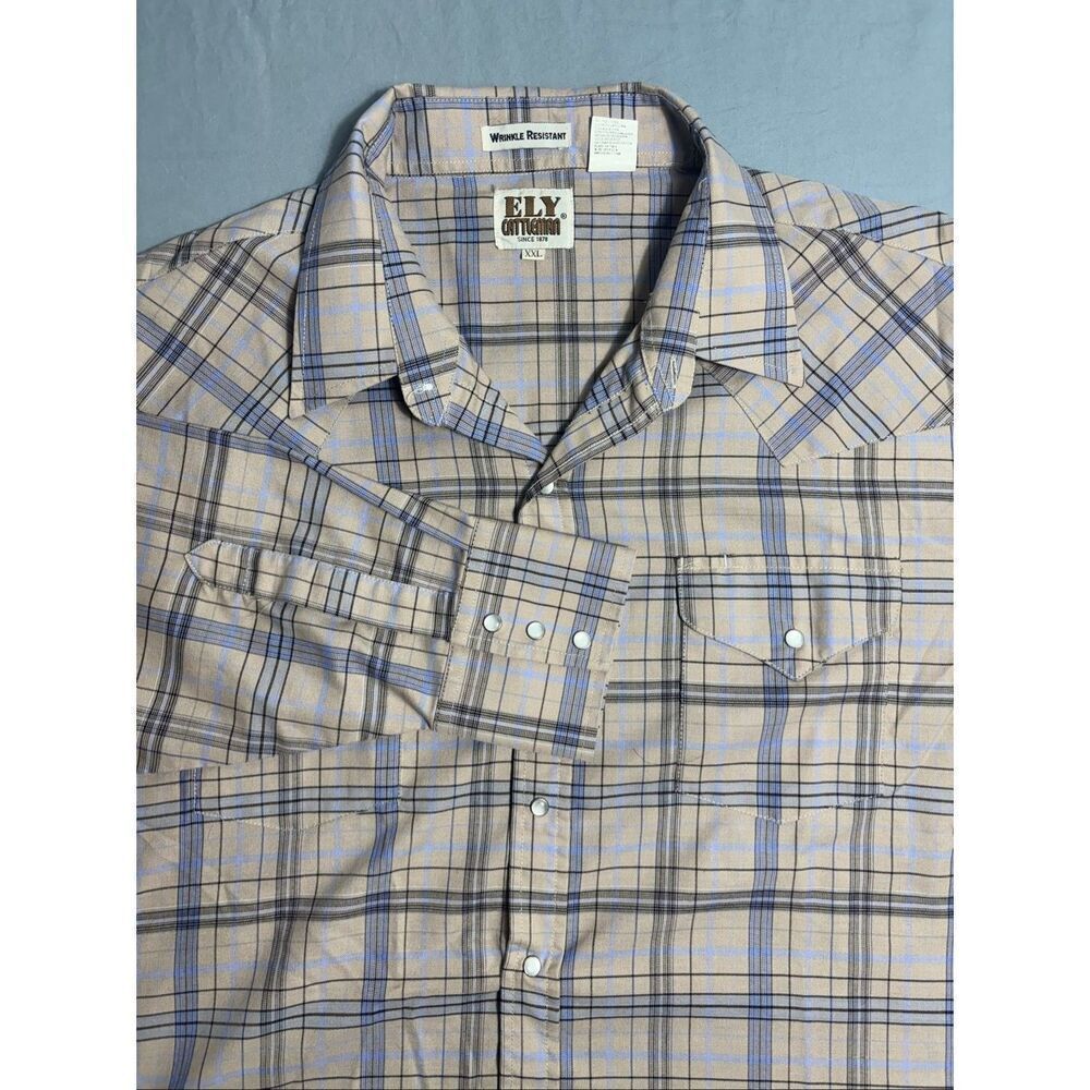 ELY Cattleman Plaid Western Shirt Mens XXL Blue Brown Long Sleeve